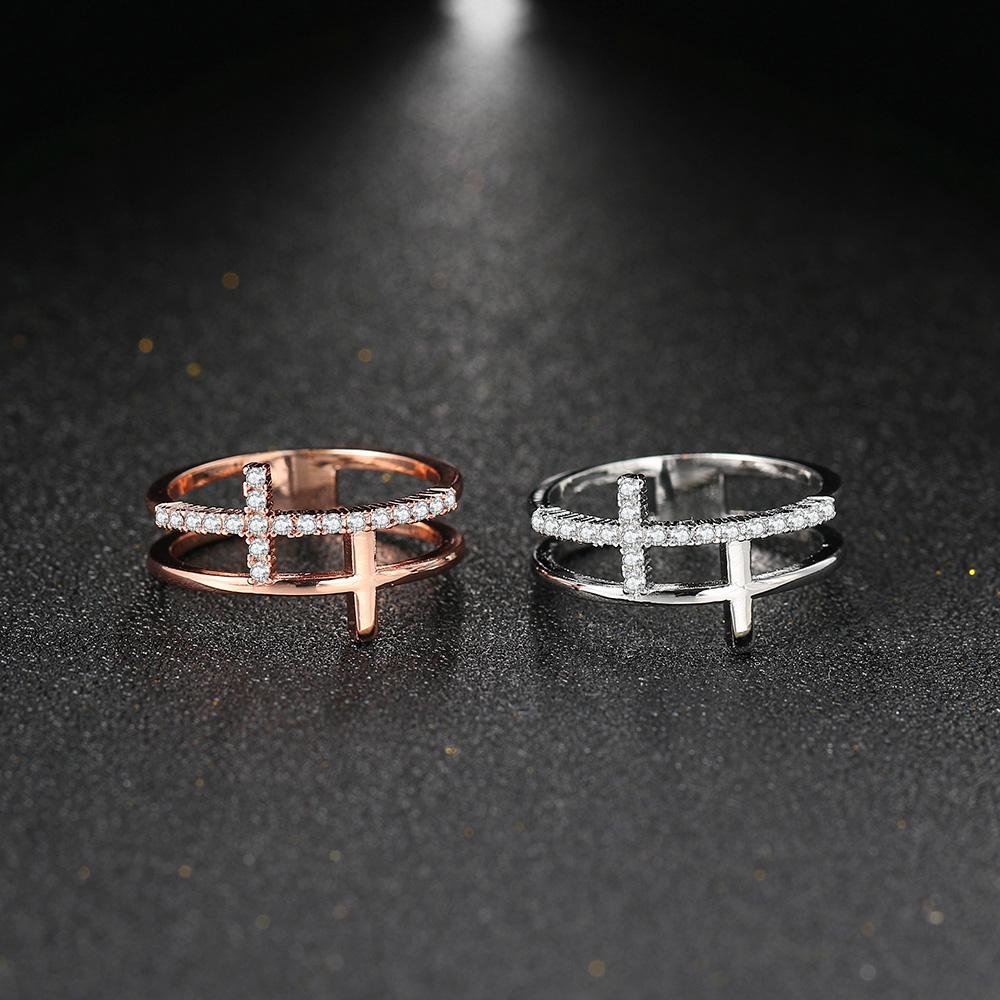 Double Cross Rings for Women Minimalist Cubic Zirconia Rose Gold Finger Accessories Female Jewelry Large Size R758