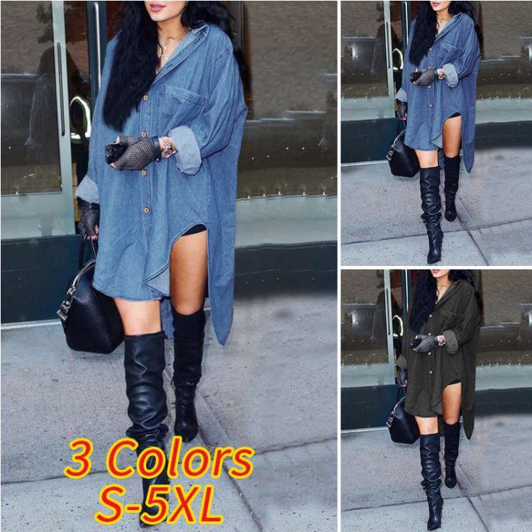 European & American Women's New Style Long Sleeve Denim Irregular Side Shirt Jacket