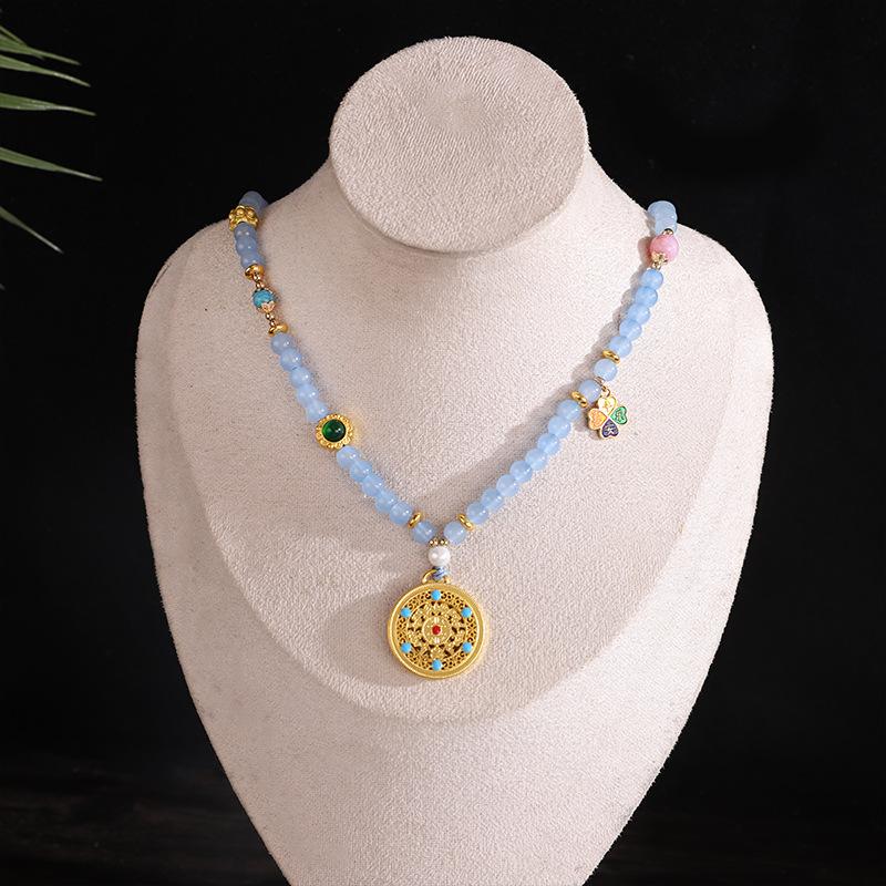 Chinese Style Pearl Necklace Hanfu Accessory Zinc Alloy Hollow Carved Pendant Long Chain Necklace