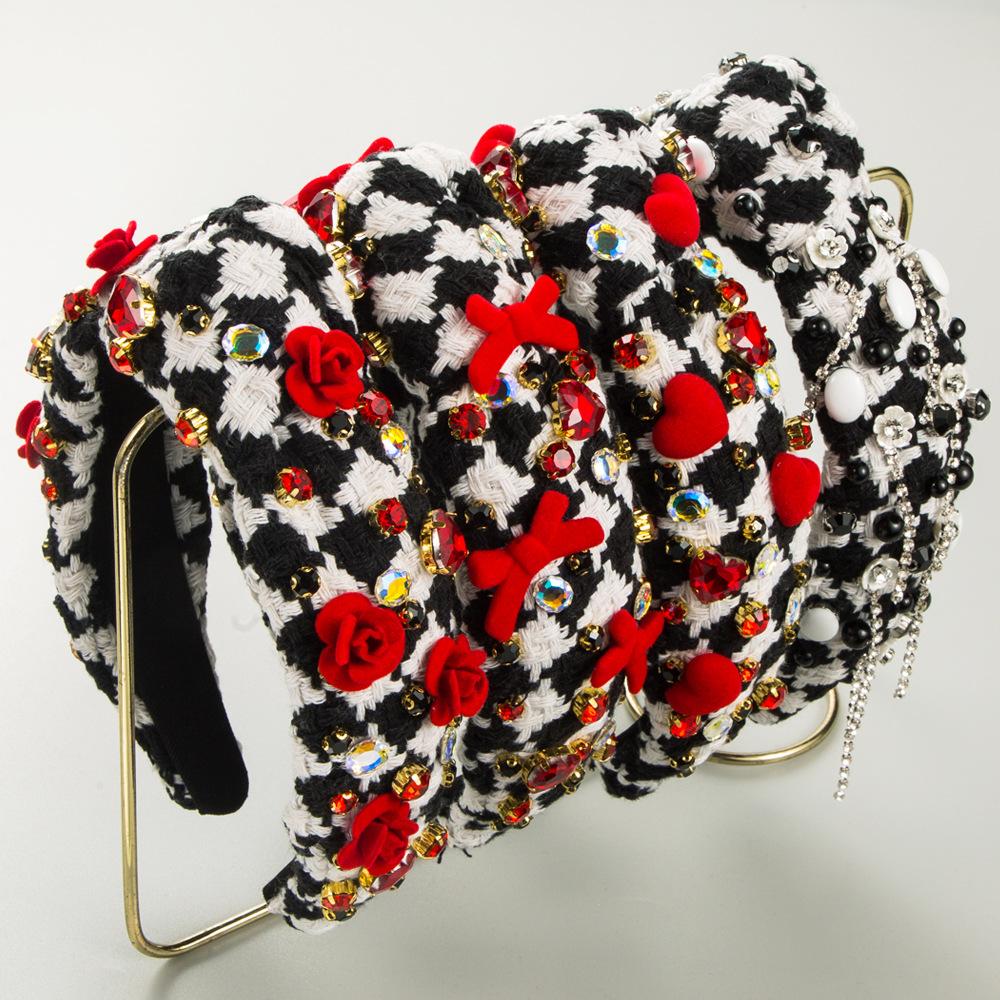 

New Headband Bow Black and White Fabric Hand Sewn Glass Diamond Floral Hair Accessory