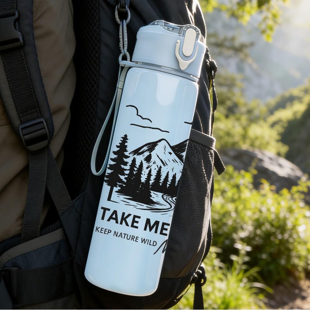1PC Mountain Forest Letter Art 750ml Color Plastic Sports Water Bottle Leakproof Flip Straw Lid Suitable for Sports Office Home Use