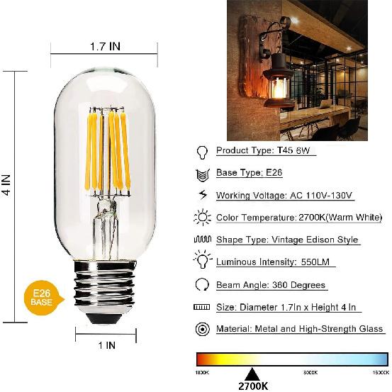 Dimmable T45 LED Edison Bulb,2700K Warm White,6W Antique Tubular LED Filament Bulbs,60 Watt Equivalent E26 Base,550Lm,Pack of 6