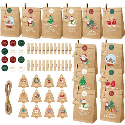 24Pcs/Set Christmas Gift Bag Santa Claus Snowman Deer Pattern Paper Treat Boxes Candy Packaging Festive Goodie Bags Decoration