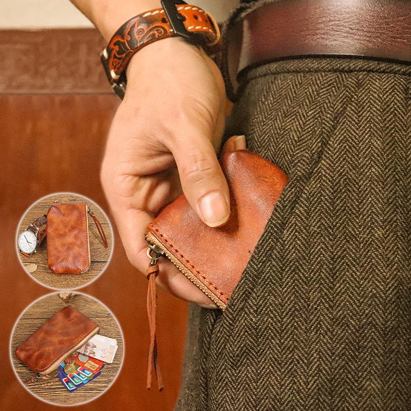 Cowhide Coin Purse for Women, Lipstick, Toe Cover Layer, Cowhide, Vegetable Tanned Leather, Hand Wiped Color, Distressed and Wrinkled Coin Purse
