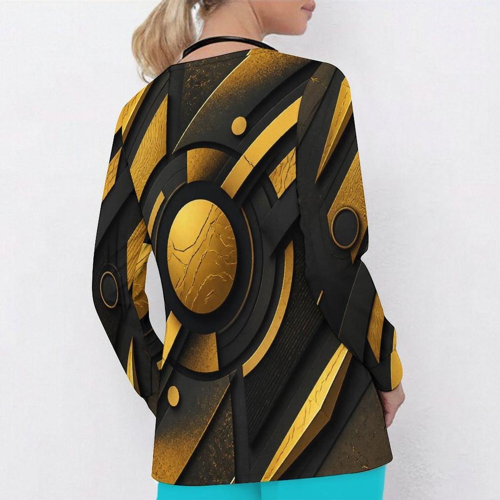 Women Plus Size V Neck Long Sleeve Black Gold Geometric Printed Nurse Scrub Top With Front Pockets