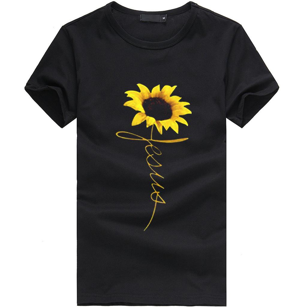 Women Plus Size Sunflower Print Short Sleeved T-shirt Blouse Tops