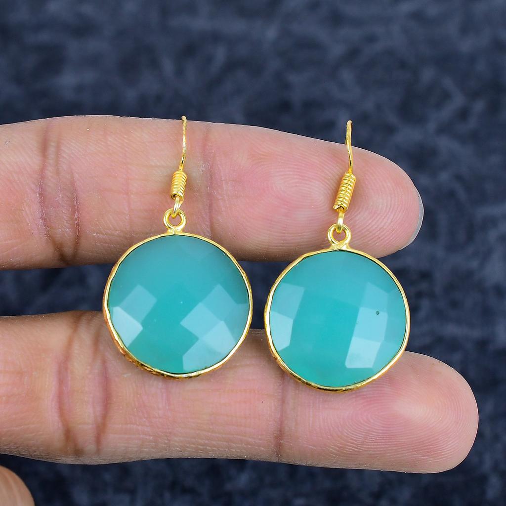 Green Chalcedony Gemstone Handmade 925Sterling Silver Jewelry Earring 1.58" M-3163