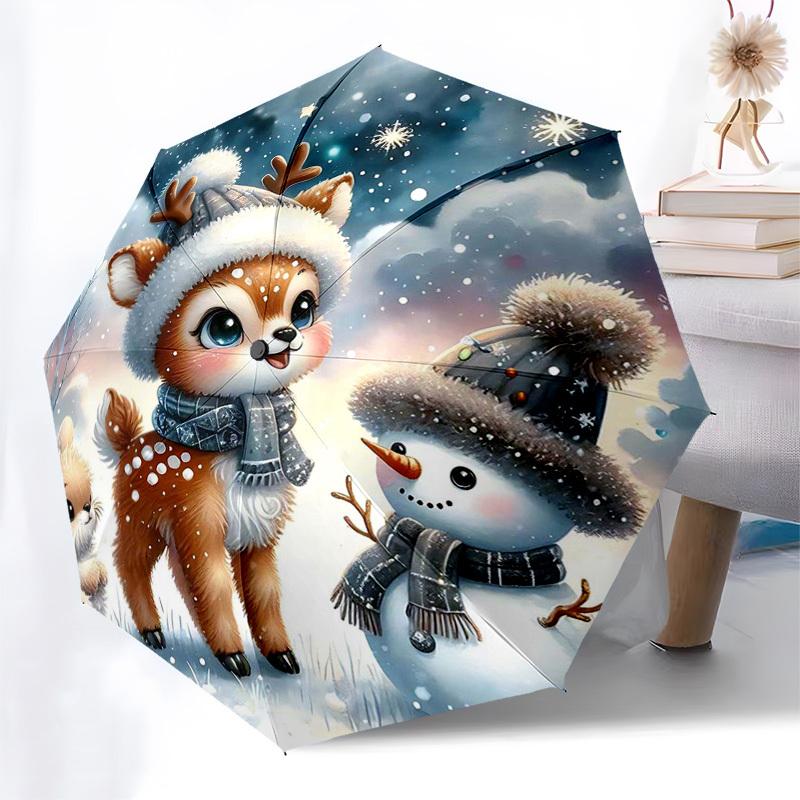 

1pc Christmas Deer Snowman Auto Open Close Umbrella, Portable 3-Fold Design with 8-Bone Iron Frame, Outdoor for Fans, Travelers, Daily Use, Festive Gi