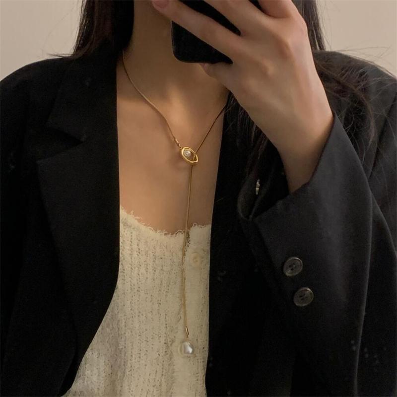 Sturdy Brass Adjustable Chain Baroque Pearls Pendant Long Necklace for Women's Fashion Sweater Chain Jewelry Accessory