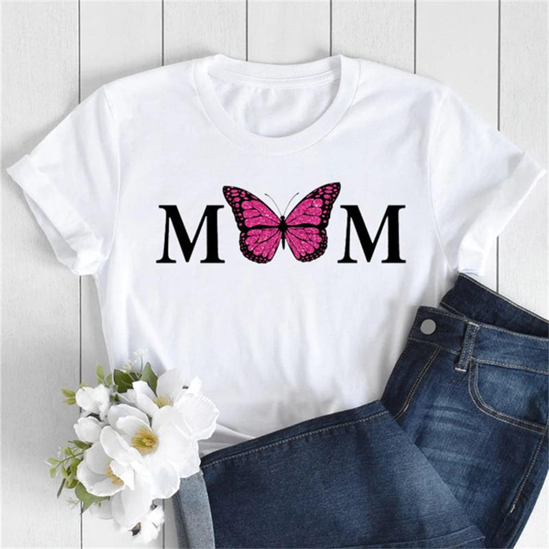 Nové dámské tričko Módní MÁMA Motýl Květinový potisk Tričko Ležérní topy s krátkým rukávem Tričko Dámská trička 90. léta Dámské tričko