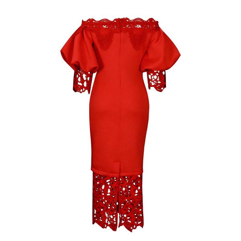 Plus Size Women Lace Spliced One Shoulder Lantern Sleeve Bridesmaid Midi Dress