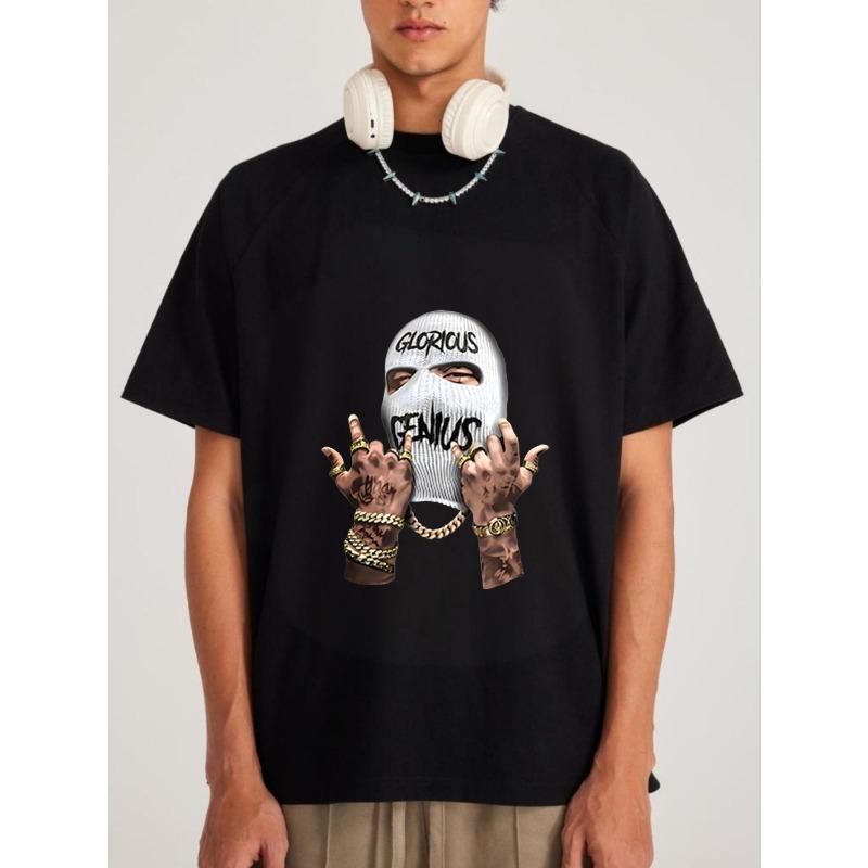 

White T Shirt with Glorious Genius Mask and Tattooed Hands Print for Casual Streetwear Style XXXXL чорний