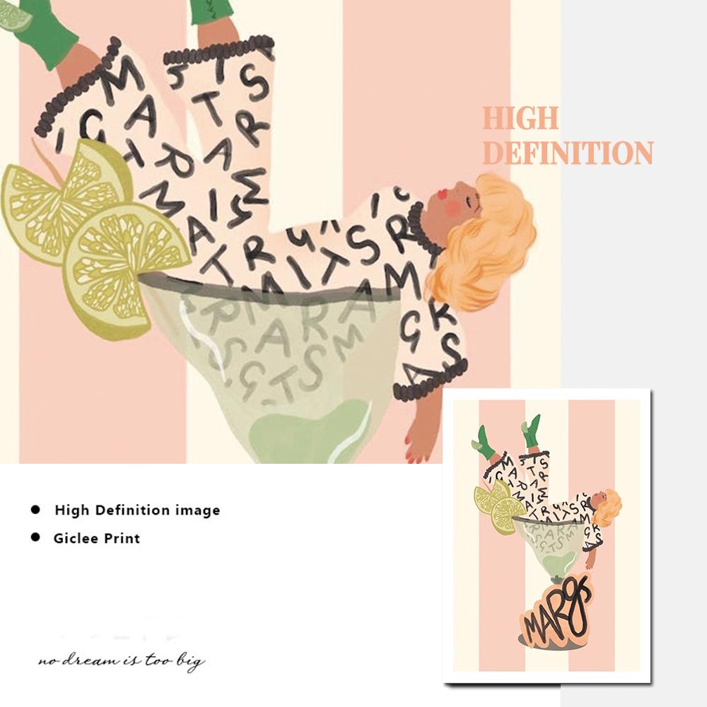 Farbenfroher botanischer Cocktail-Kunstdruck, Margarita-Cocktail-Mädchen, Poster, Zitronenbeine, Getränke, Leinwandgemälde, Küche, Club, Wanddekoration