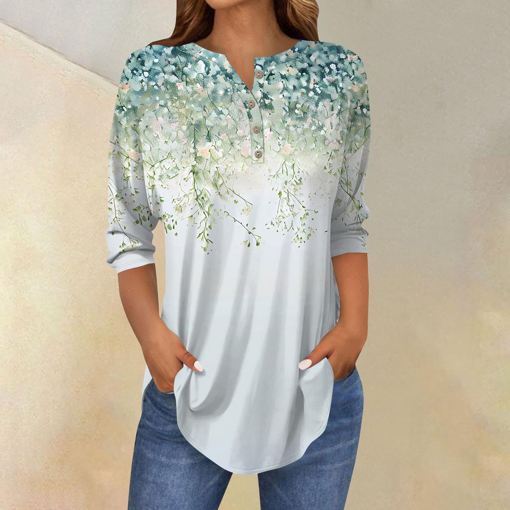 3/4 Length Sleeve Womens Tops Summer T-Shirts Floral Print V Neck Casual Basic Tee Button Shirts Tunic Tops