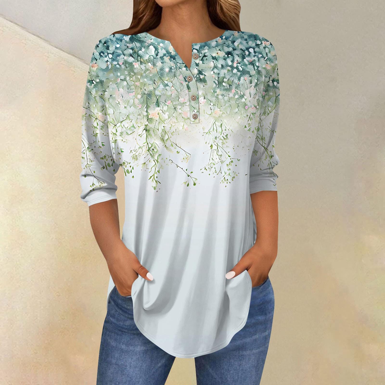

3/4 Length Sleeve Womens Tops Summer T-Shirts Floral Print V Neck Casual Basic Tee Button Shirts Tunic Tops XXL