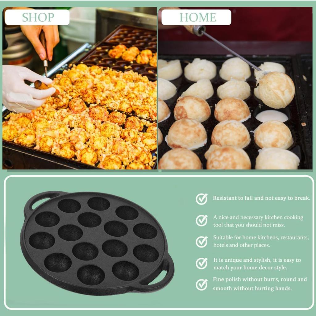 Hemoton Cast Iron Takoyaki Pan, Nonstick Grill Pan, 15 Holes Octopus Ball Meat Ball Griddle, Snail (Black)