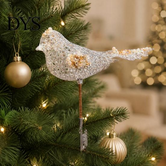 Gold Silver Red Bird Tree Ornaments Glitter Christmas Ornament with Metal Clip for Decoration, Sparkling Tabletop Floral Decor Figurine, Sequins