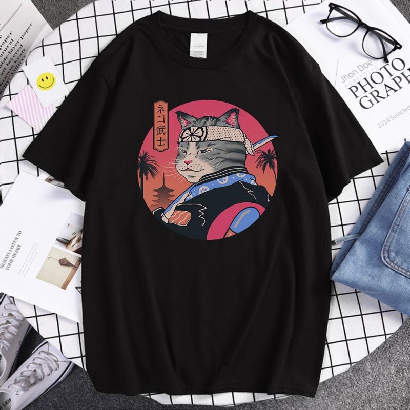 Summer Unisex 100 Cotton Shortsleeved Breathable Samurai Cat Personalized Print Tshirt For Casual And Loose Fit Hiphop Style