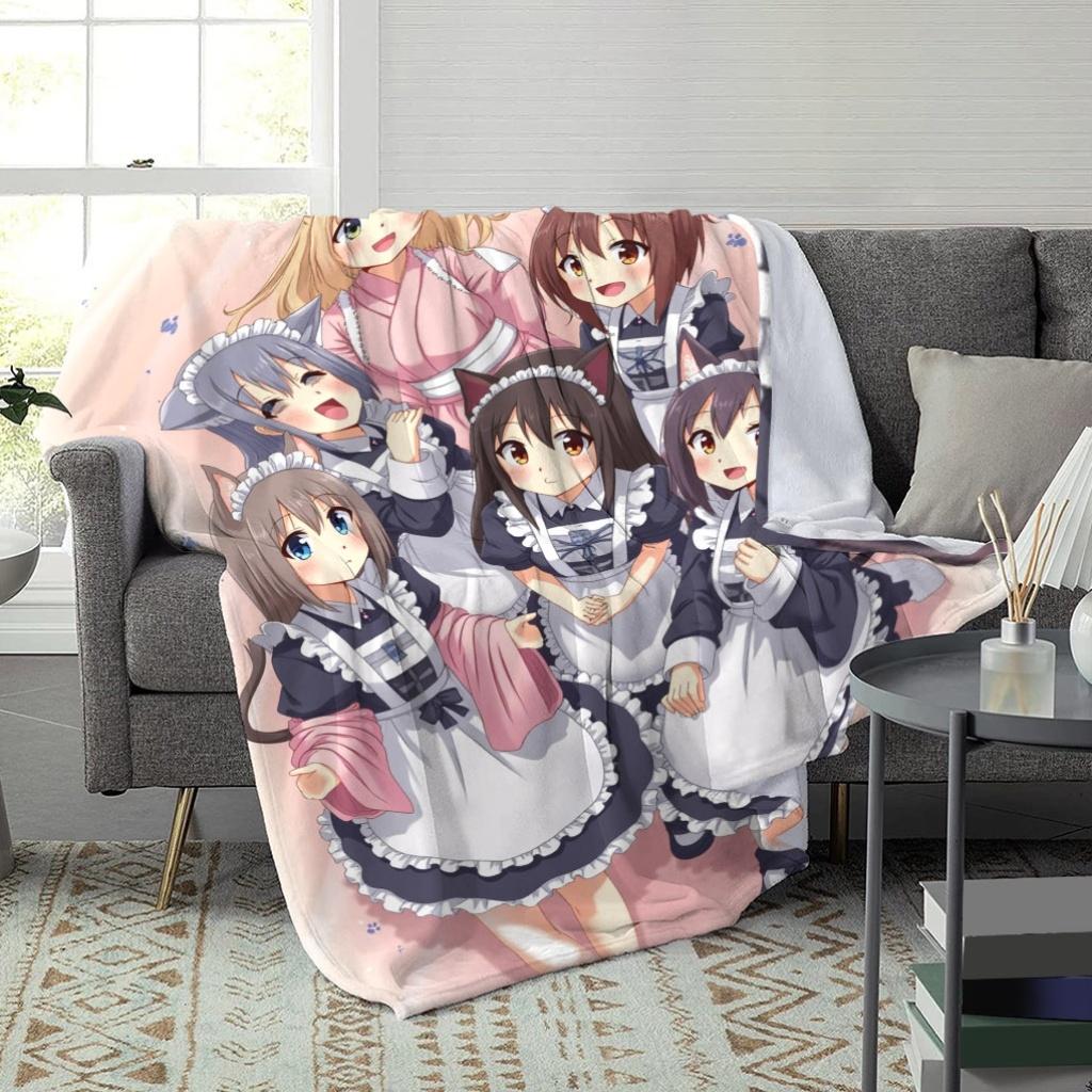 Soft Flannel Throw Blanket With 2D HD Neko Maid Servant Anime Print, Lightweight Warm Decorative Blanket For Bedroom Sofa Travel