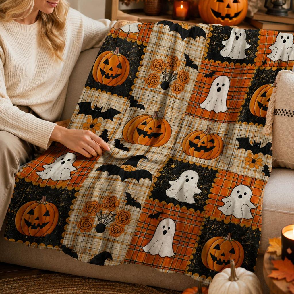 Couverture Patchwork Halloween Peluche Douce pour Canapé Chambre Décor Festif