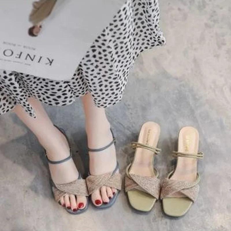 Open Toe Block Heel Summer 2025 Sandals for Woman with Medium Heels Footwear Women's Shoes Korea Designer Trend The Best Casual