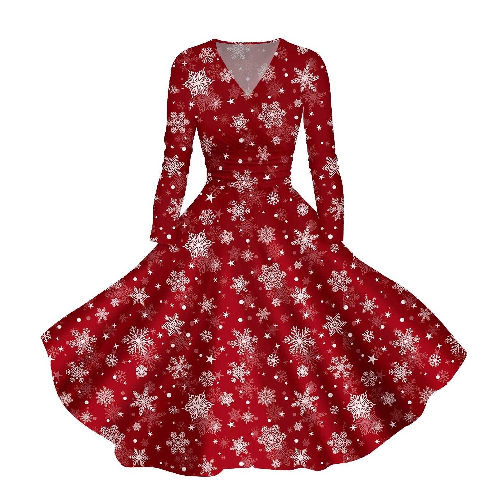 

Женское повседневное и модное печатное сексуальное платье с длинными рукавами и V-образным вырезом, сексуальное рождественское платье M киноварь