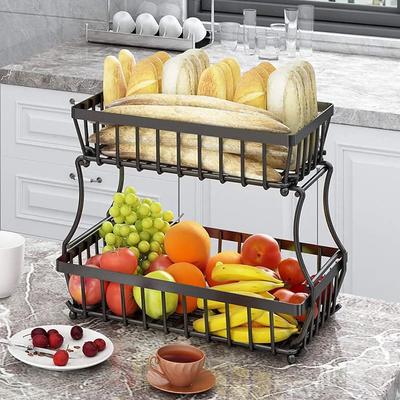2 Tier Fruit Storage Basket Countertop for Kitchen Bread Vegetable Fruit Basket Bowl Stand Detachable Metal Rectangular Wire Bas