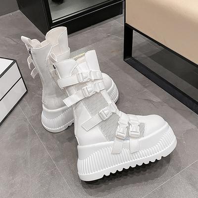 Fashion 8.5CM Women Spring Summer Boots Fashion Breathable Mesh Hollow Sneakers High Platform Ankle Boots For Woman Outdoor Chunky Shoes