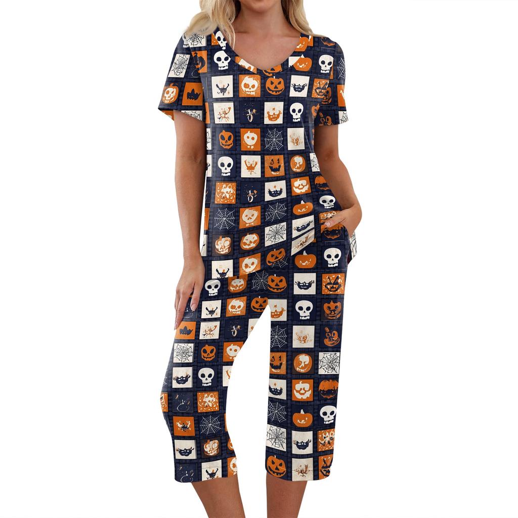Women's Halloween Two Piece Outfit - Short Sleeve Top and Pants Set with Fun Print, Casual Wear for Halloween Party and Everyday