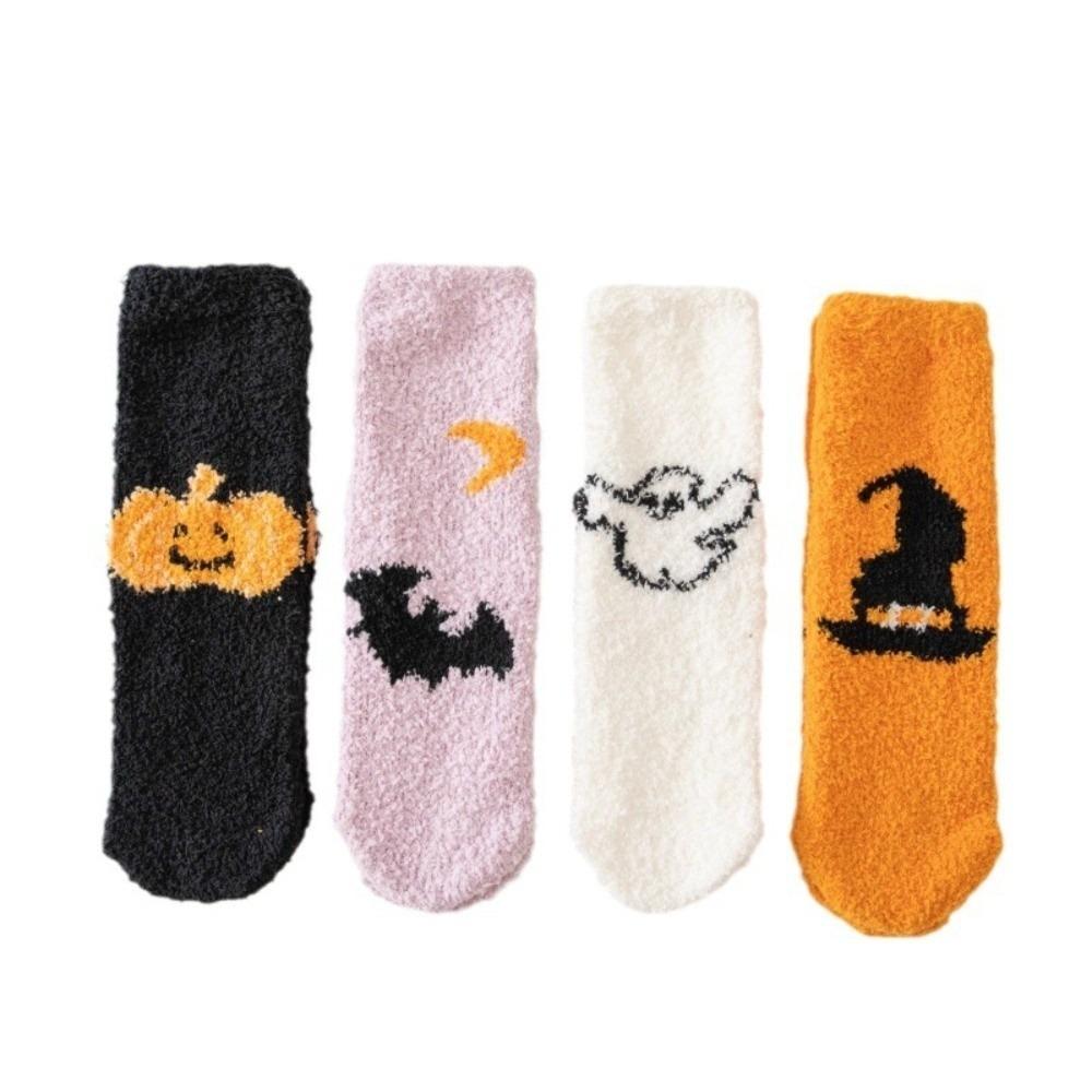 

4pairs/set Coral Fleece Halloween Socks Soft Bat Ghost Mid-Calf Socks Party