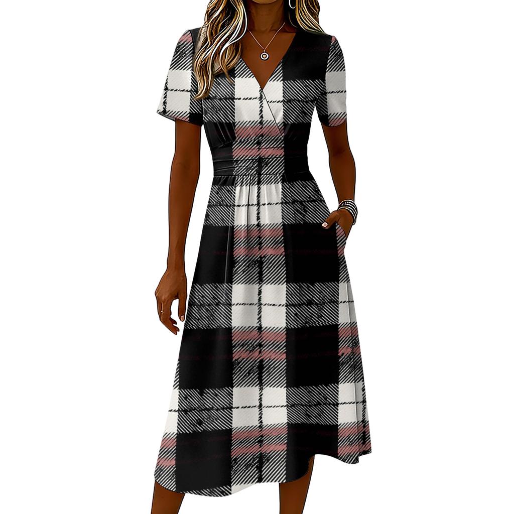Ladies' Plaid Casual Fashionable Short Sleeved V-neck Dress