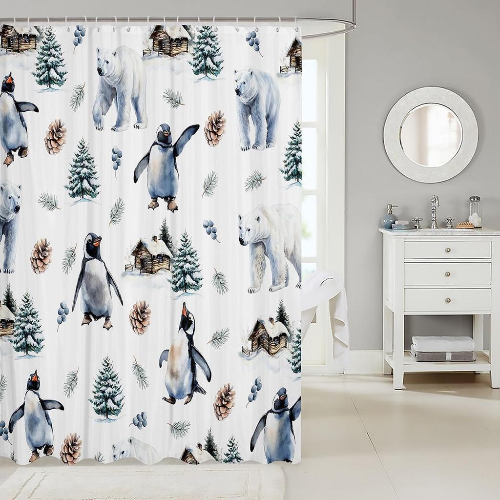 Erosebridal Penguin Polar Bear Shower Curtain,Rustic Cabin Lodge Kids' Shower Accessories,Kawaii Polar Animal Bathroom Shower Cu