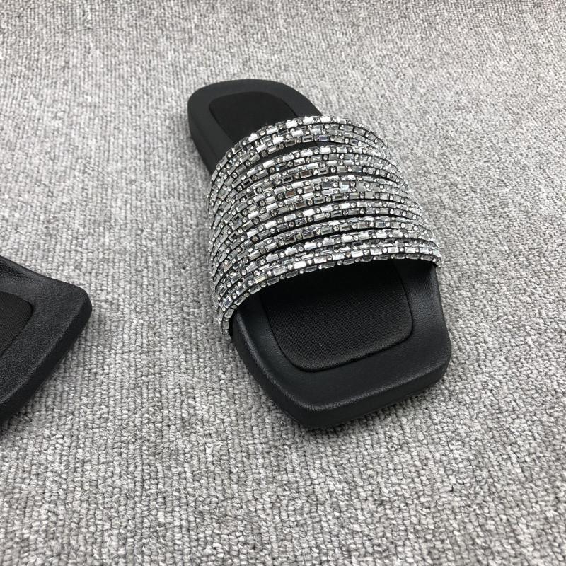 Fashion summer new casual sandals women's shoes open-toed flat-bottomed rhinestone strips outer wear one-word simple cool slippers women