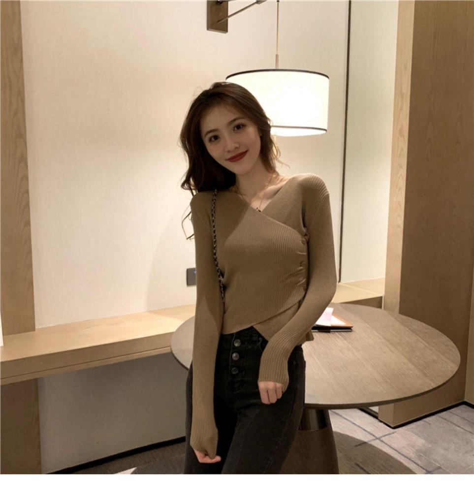 Damen V-Ausschnitt Slim Fit Langarm Strickpullover - Herbst/Winter 2025 Koreanischer Stil