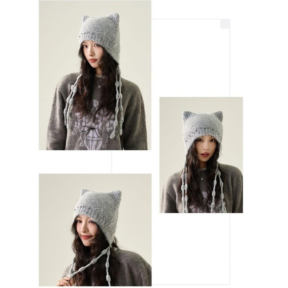Windproof Cat Ear Beanie Pearl Tassel Ear Protection Hat Y2K Aesthetic Knit Earflap Hat for Women