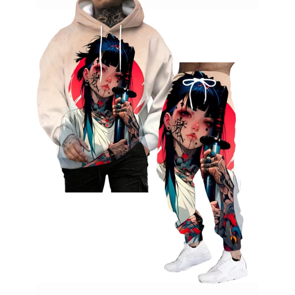 Japanese Anime 3d Print Hoodie 2pcs Set Men Women Sexy Samurai Tracksuit Casual Long Sleeve Clothes Hoodie Jogging Set