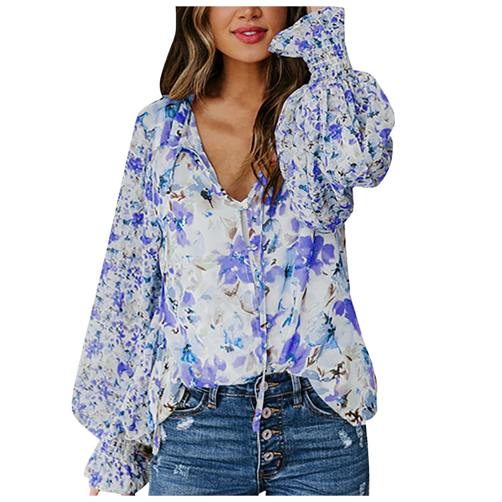 Women s Fashion Casual  V Neck Floral Long Sleeve Cardigan Loose Top L синий