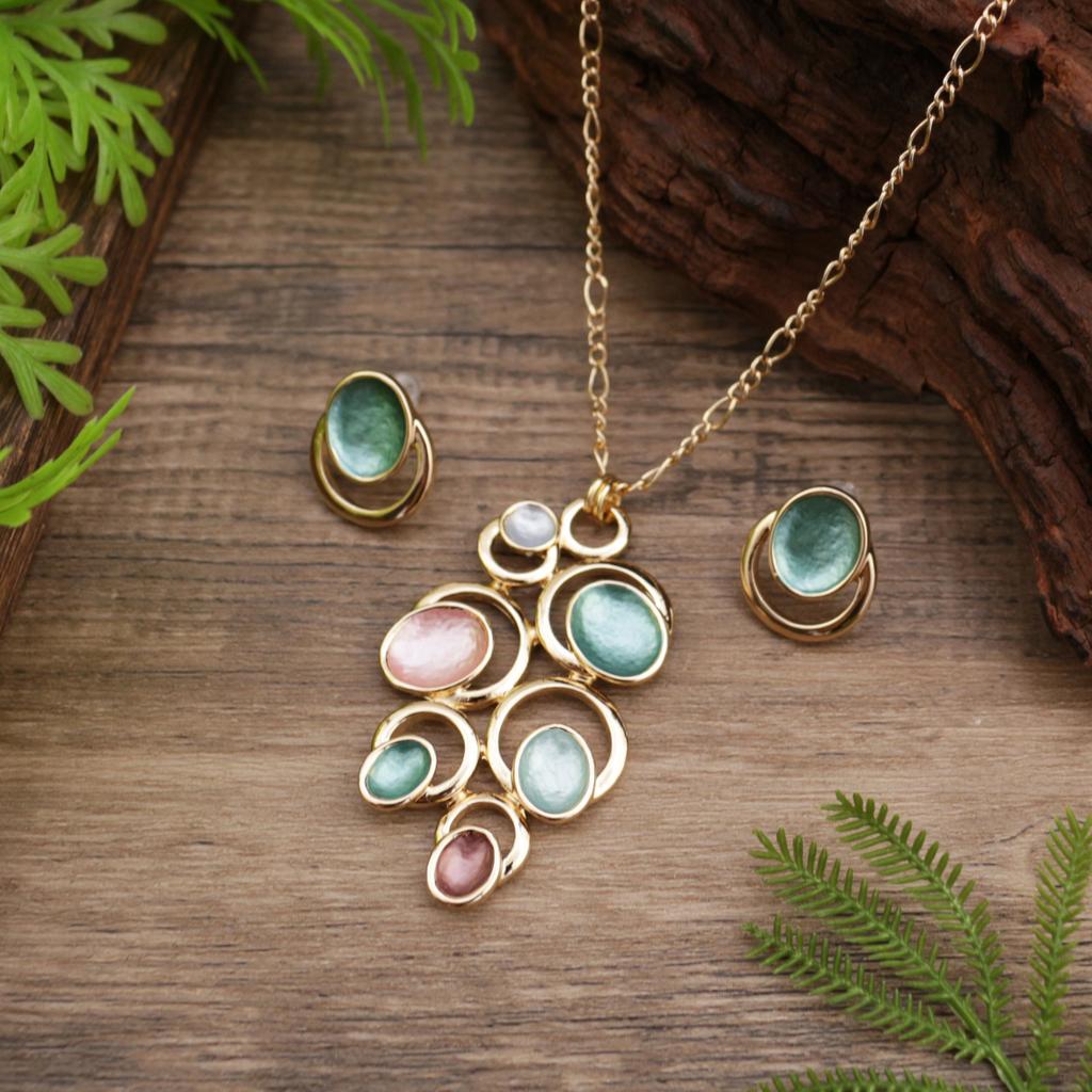 New Enamel Geometric Petal Stud Earrings Pendant Set, Women's Fashion High-end Flower Necklace
