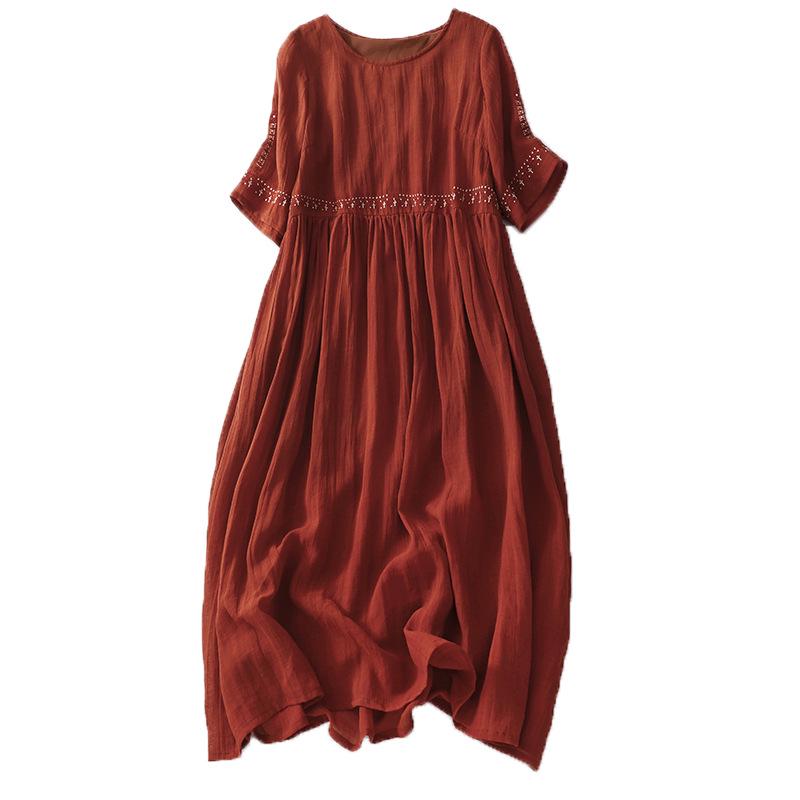 2025 Summer Women's Plus Size Ramie Embroidered Loose Retro Dress (Unlined)