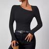 Women Long Sleeve Oblique Collar Slim Fit Solid Inner Base Layer T Shirt