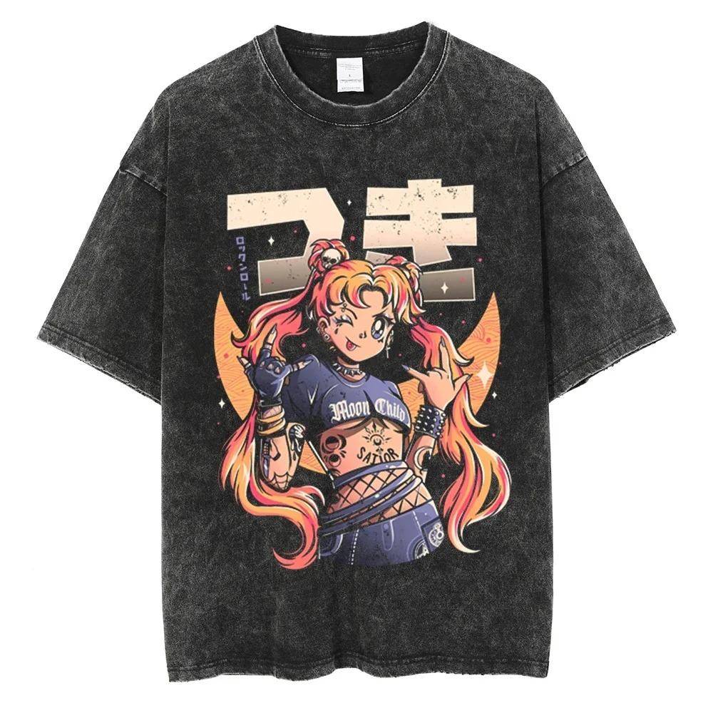Pánské Dámské Potisk Vintage Prané Tričko Japonské Anime Streetwear Grafické Tričko Léto Krátký Rukáv Bavlněné Tričko