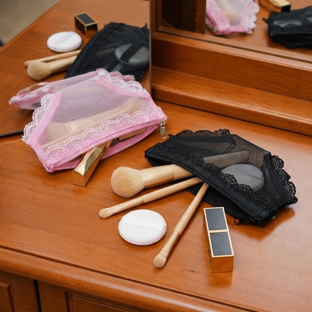 Korean Style Mesh Toiletry Bag Lace Trim Makeup Storage Pouch Jewelry Organizer  for Travel