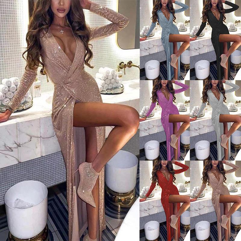 2021 Autumn/Winter V-Neck Sparkly Sexy Slim-fit Evening Gown for Women