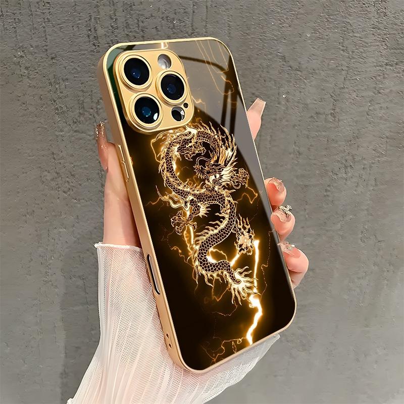 Golden Lightning Dragon Pattern Metallic Paint Glass Phone Case For iPhone 17 Pro Max 14 15 Pro 16 Plus 17Air 16E Cover
