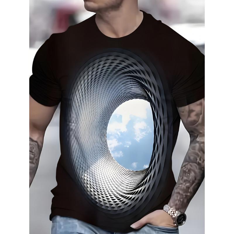 Digital Print Fashion Trend Casual Men's Short-Sleeve T-Shirt - Hollow, Crew Neck, Regular Fit, Street Style, Summer,