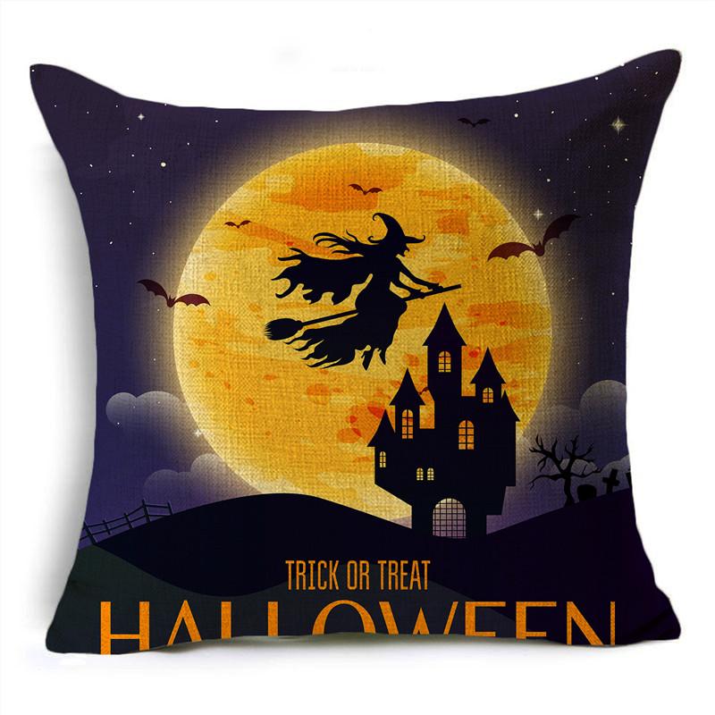 Ins Popular Purple Halloween Night Graveyard Pumpkins Linen Throw Pillowcase Decorative Cushion Cover For Sofa Living Room Party