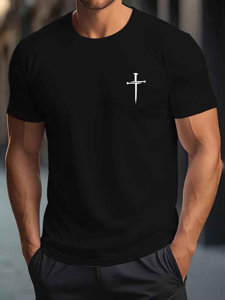 Men's Summer 100% Cotton Fashionable Casual Loose Large Size Faith Cross Printed Round Neck Short Sleeve T-shirt Top