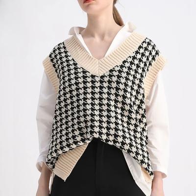 Women Fashion Oversized Houndstooth Plaid Knitted Vest Sweater Vintage Sleeveless Side Vents Female Waistcoat Chic Tops