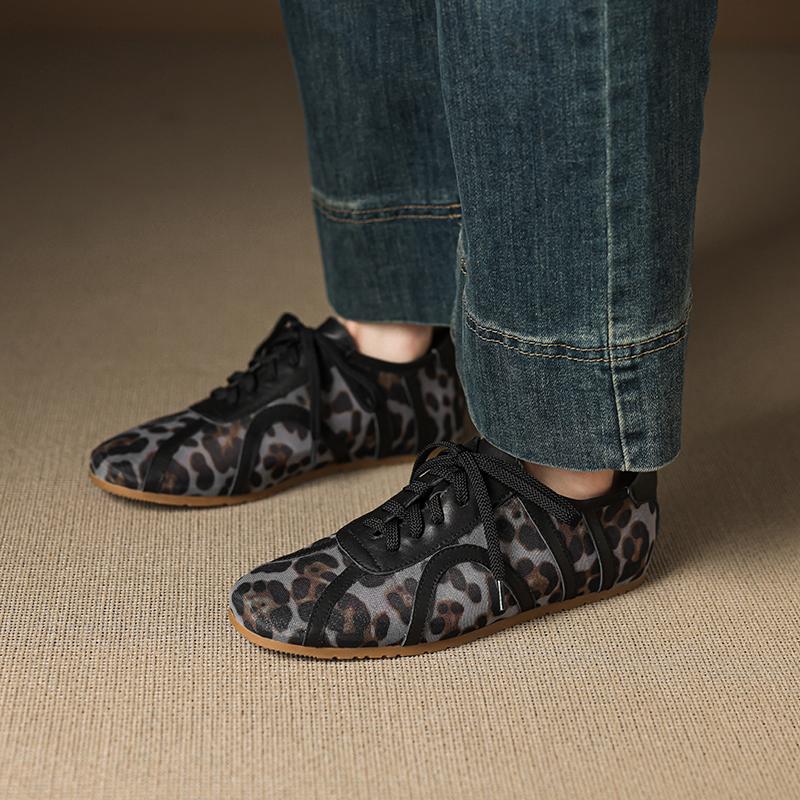 Fashion 2025 Fashion Mesh Leopard Lace Up Flat Shoes Casual Shoes Comfort Spring Summer Round Toe Casual Shoes Pumps Women Flat Pumps