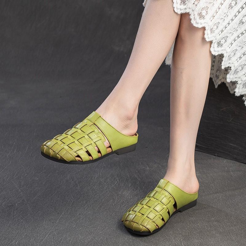 Fashion GKTINOO 2025 Summer New Handmade Woven Breathable Flat Slippers Casual Genuine Leather Women's Slip-on Shoes